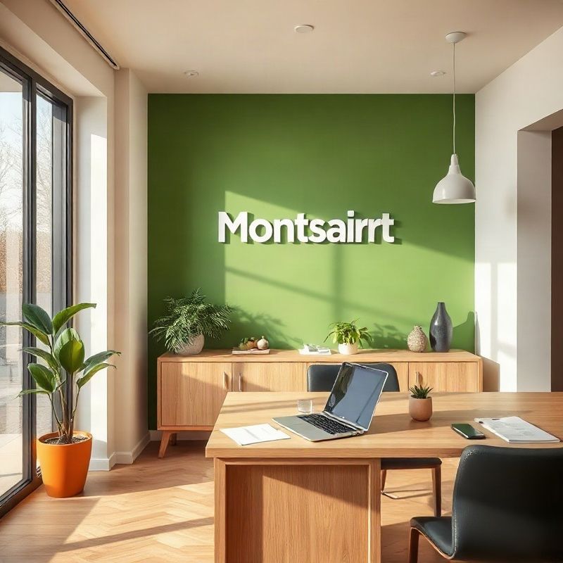 Clean professional real estate office interior with an emerald accent wall, property documents and a laptop on a light timber desk