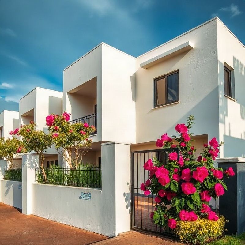 Exterior of a modern white-rendered townhouse in Thika with green garden border and bougainvillea at the gate