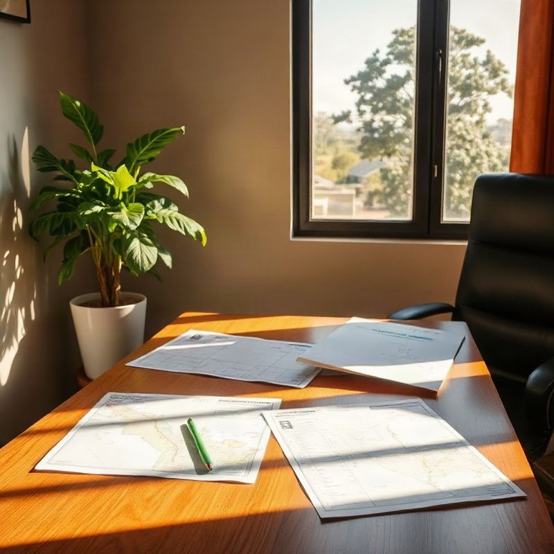 Consulting table in a Thika office with land registry maps laid flat and an emerald potted plant in the corner