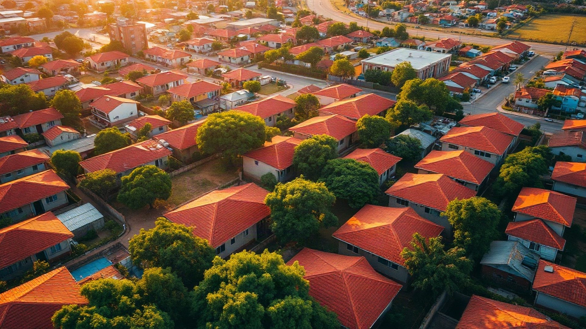 Aerial view of Thika town at golden morning light with lush green canopy between residential buildings